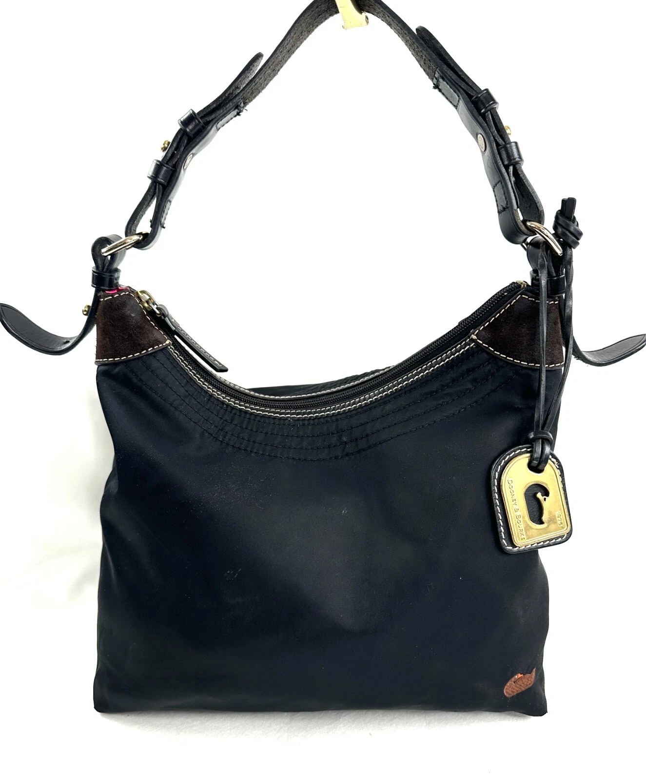 Dooney Bourke Black Nylon Medium Shoulder Bag Purse Leather Trim Logo Charm