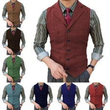 Mens Vintage Tweed Vest Wool Herringbone Western Cowboy Vests M Large XL XXL 3XL
