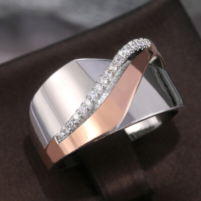 Two Tone 925 Silver Filled Ring Charm Cubic Zircon Women Jewelry Ring Sz 5-11