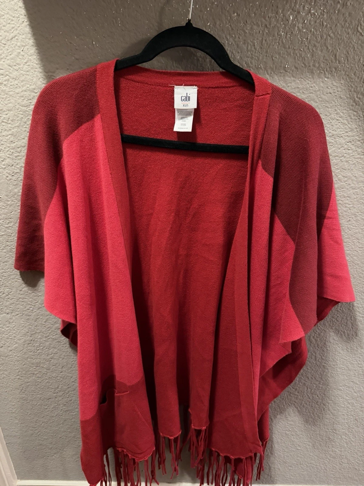 Cabi 3841 red ranch poncho wrap XS/S color block open knit front cap EUC