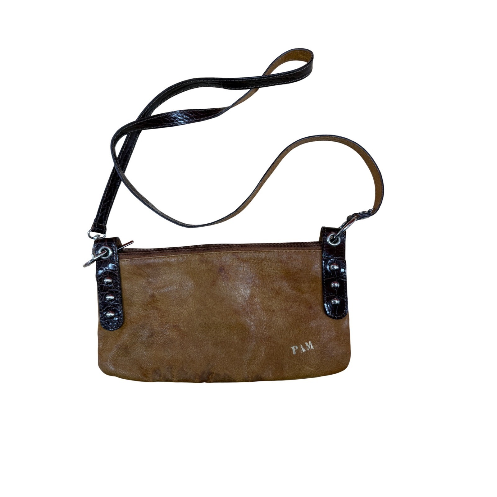 Lavorazione Artigianale Italian Leather Foldover Crossbody Bag Brown Studded