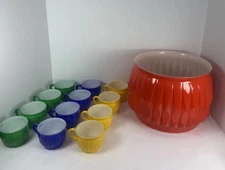 Vintage Slick And Sassy Jeanette Glass Punch Bowl Set Colorful 10 Qt Bowl 12 Cup