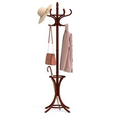 Wood Standing Hat Coat Rack Jacket Bag Hanger Tree 12 Hooks Reddish Brown w/