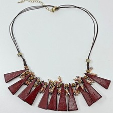 Vintage Brown Red Wood Spike Fringe Necklace Multi Strand Cord Gold Tone Boho
