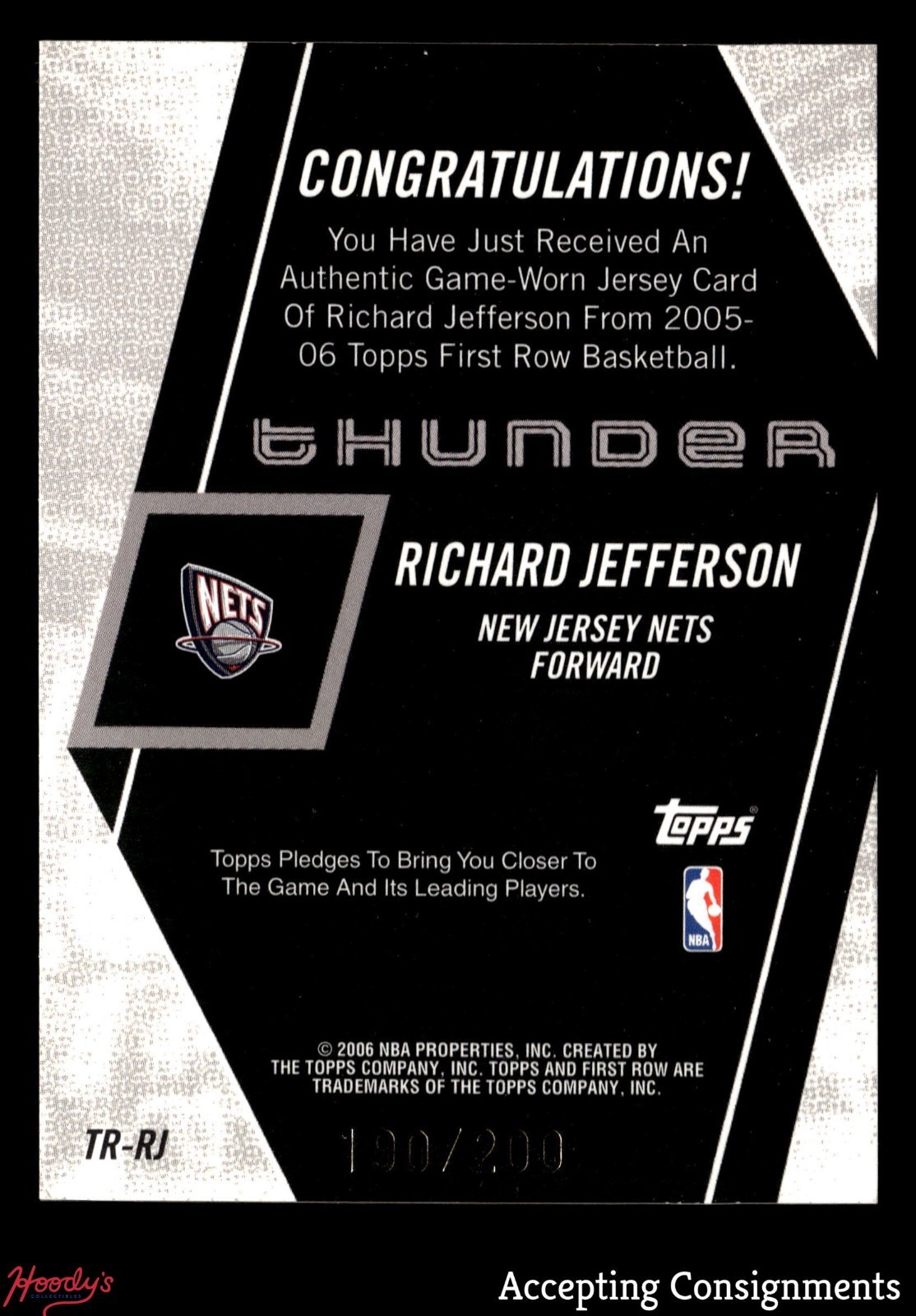 2005-06 Topps First Row Thunder Richard Jefferson GAME-USED JERSEY NETS 190/200 view 2