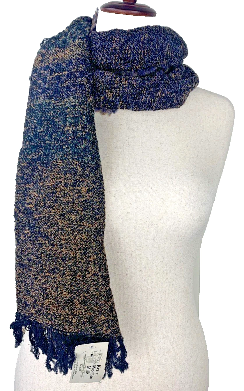 Kerry Woolen Mills Scarf Tara Wool Blend Ireland 48"x 9" Brown Speckled Fringe