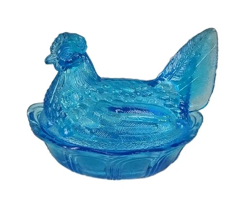 Hen on Nest Chicken Cobalt Blue Glass Depression Style Candy Dish, Vintage 5"