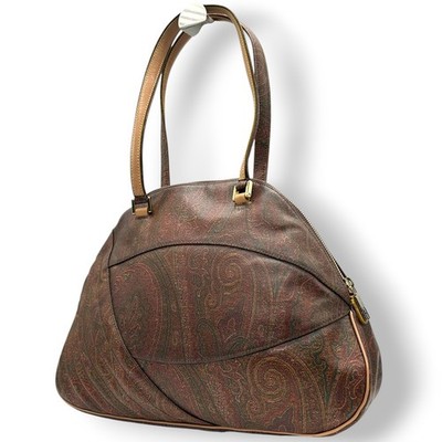 Authentic ETRO Paisley PVC Leather Handbag Tote Bag Brown Shoulder Bag Italy