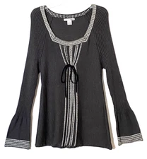 RBX Tie Front Sweater Womens Size L Dark Gray White Fluted Ribbed Knit Sleeves