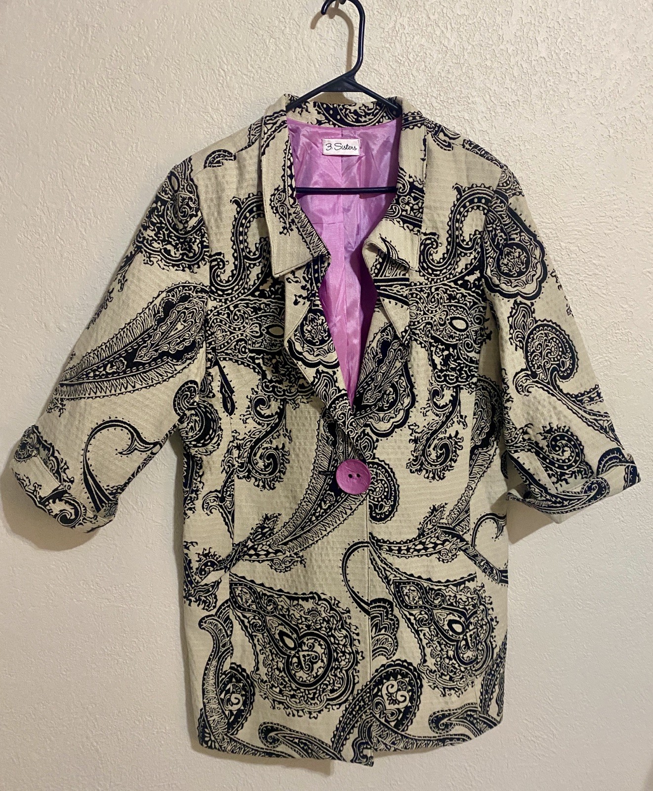 3 Sisters Trench Jacket 3/4 Sleeve Beige & Black Paisley with Pink/Purple Lining