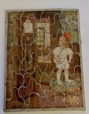 Antique 31pc Wooden Jigsaw Puzzle Hickory Dickory Dock Artist M.L. Kirk c1910s