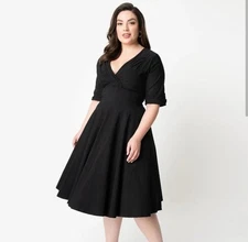Unique Vintage Women Black V-Neck Fit & Flare Vintage Style Swing Dress Sz L