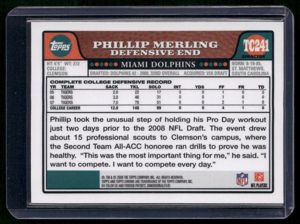 2008 Topps Chrome #TC241 Phillip Merling Xfractors - Image 2 of 2