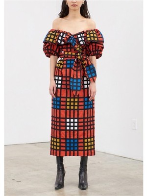 NWOT Mara Hoffman Midi Plaid Puff-Sleeve Arabella Off-The-Shoulder Dress