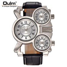 OULM Mens 3 Time Zones Military Watch Leather Strap Quartz Casual Daily Wear