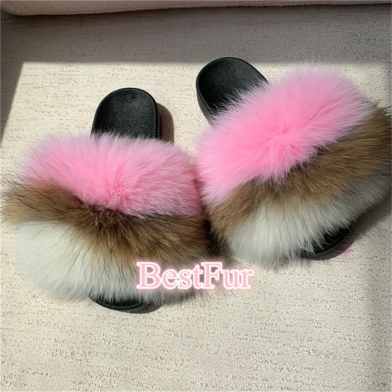 SAOLA Pantofole sandali da spiaggia rosa marrone bianco max grandi XXL vera pelliccia di volpe slide