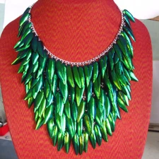 Necklace  Beetle natural wing green color 5 Row