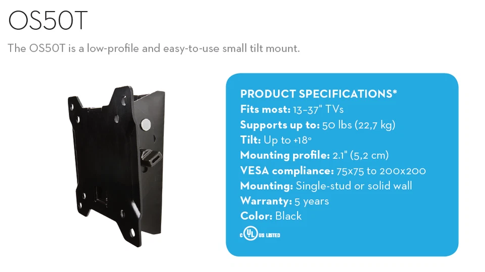 TV Wall Mount Bracket OS50T TV's up to 50 22.7kgs with Tilt - OmniMount 13"-37" - Image 2 of 4
