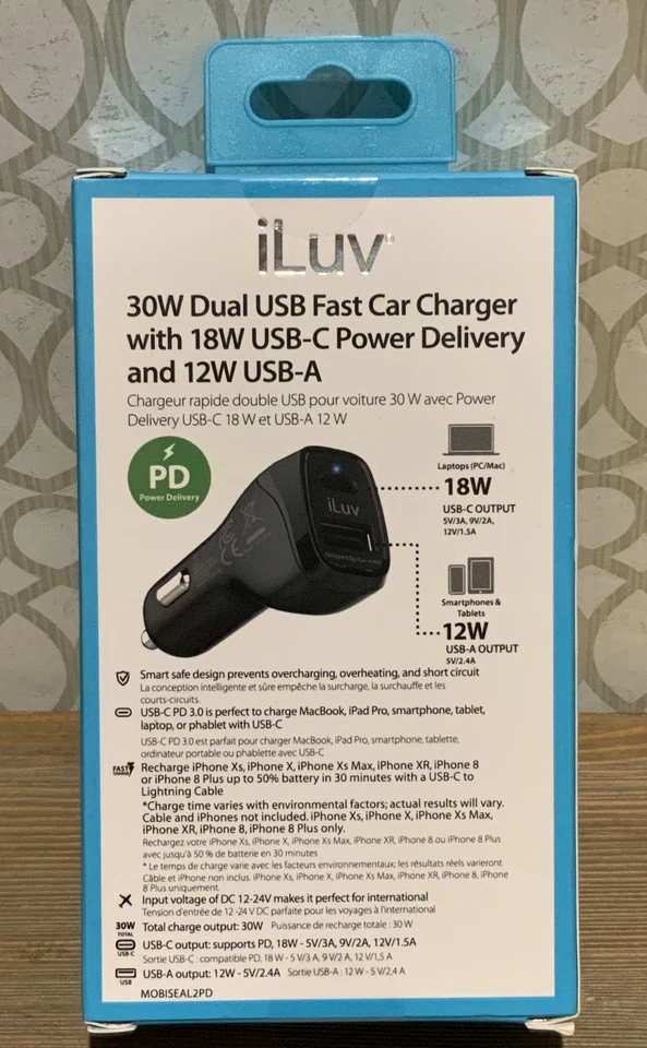 🍒 Cargador de Coche Rápido USB Doble 30W con Entrega de Alimentación USB-C de 18W y USB-A 12W 🆕 Foto 2 de 3