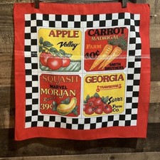 Vintage Farmers Market Bandana Scarf Black White Checker Fruit Vegetables Pin Up