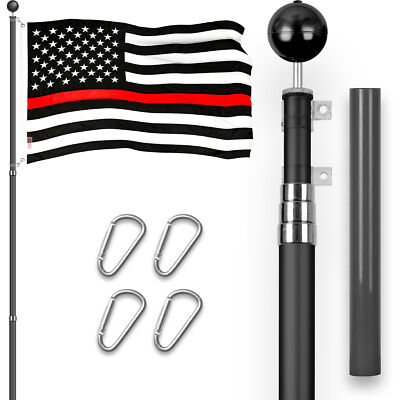 NEW G128 Thin Red Line Flag 3x5FT Emb Poly & 16FT Telescoping Flagpole Black