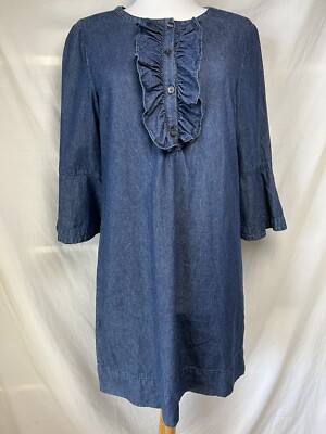 Draper James Chambray Ruffle Shift Dress Sz 4 Dark Denim Blue 3/4 Bell  Sleeve | eBay