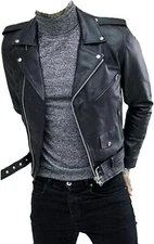 Men's Biker Motorcycle Racer Genuine Sheepskin Black Leather Reclaimed Jacket