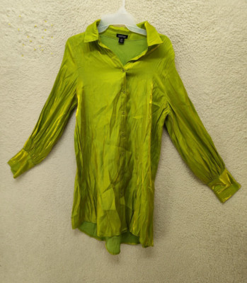 Boohoo Women Top 6 Green Shimmer Rayon Blend Oversized Long Sleeve Button Down