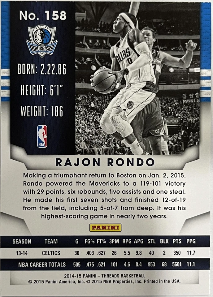 2014-15 Panini Threads #158 Rajon Rondo - Image 2 of 2