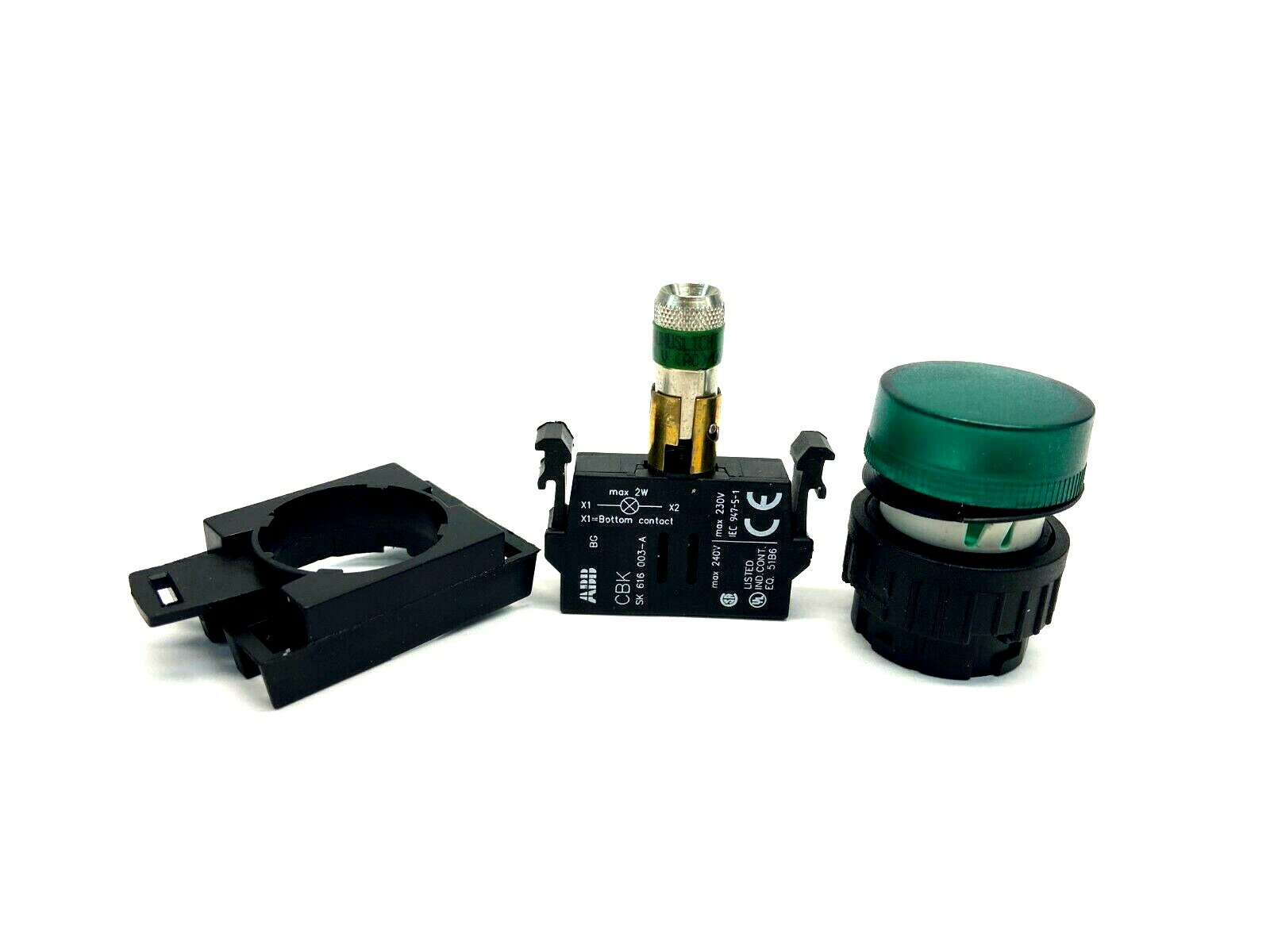 ABB KL1-100G Green Pilot Light Head w/ KCBH-001 Lamp Block and Holder