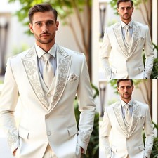 White Men's Suits Peak Lapel Blazer Appliques Coat 3PCS Wedding Party Jacket