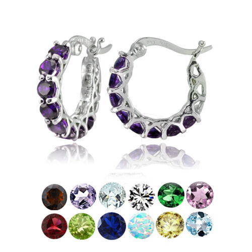 Sterling Silver Gemstone Birthstone Small Round Huggie Hoop Earrings - Picture 1 of 13