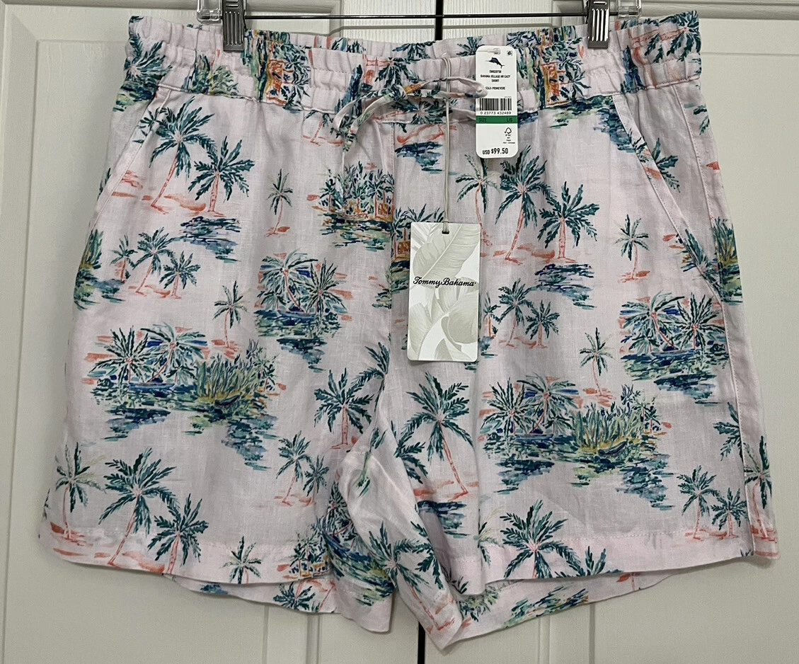 NWT Tommy Bahama size L pink blue Village Easy linen pull on shorts womens $99