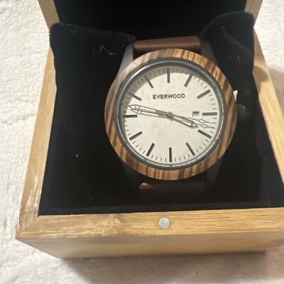 Men s Premium Zebra Wood & Brown Leather Watch