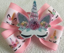 Girls Hair Bow 4" Wide Unicorn BigFlatback Pink Grosgrain Ribbon French Barrette