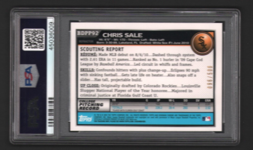 Chris Sale 2010 Bowman Chrome Draft Prospect Rookie Refractor automático PSA 9 - Imagen 2 de 2