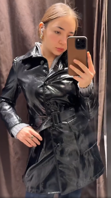Zara x Kate Moss Leather Effect Trench Coat Black Size M Medium