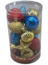 rite aid home plastic ornaments set of 19 gold red blue stars pine bulbs READ