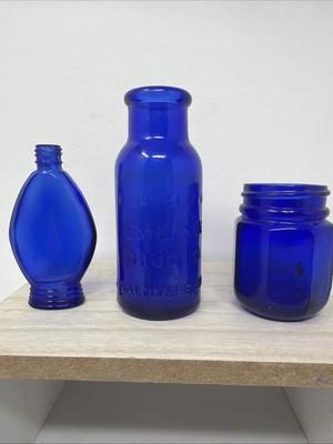 Vintage Cobalt Blue Glass Bottle Lot (3) Bromo Seltzer Medicine Antique Bottles