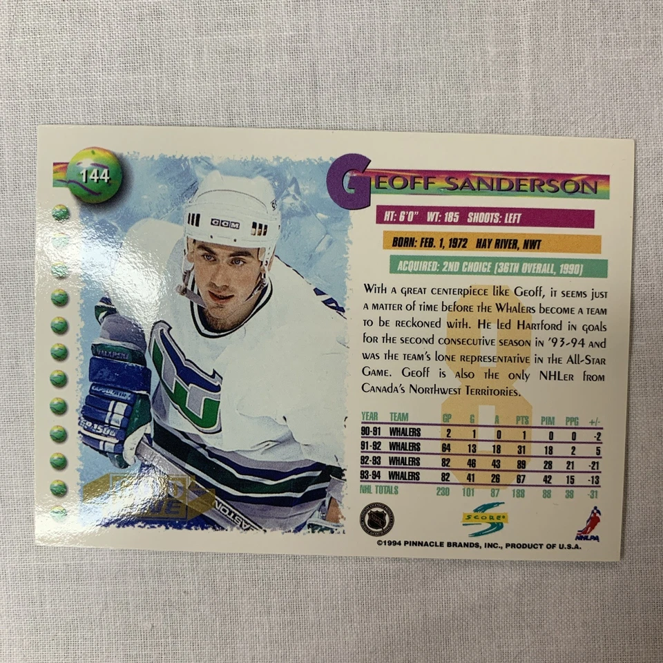 Geoff Sanderson #144 1994 Score Gold Line Hartford Whalers Hockey Card NHL NM - Image 3 of 4