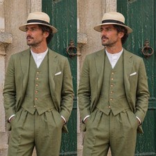 Green Linen Men's Suits Summer Beach Wedding Tuxedo Outdoor Casual Three Pieces