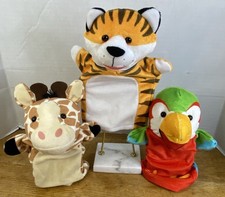 Melissa Doug Safari Buddies Hand Puppet Lot Tiger Giraffe Parrot Plush