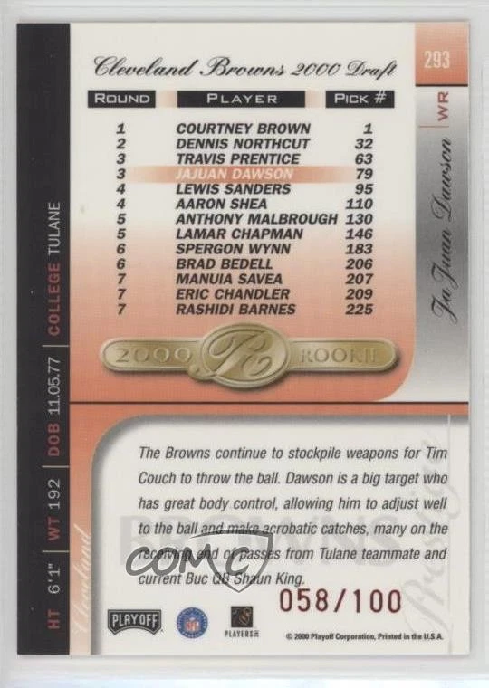 2000 Playoff Prestige Red Spectrum /100 JaJuan Dawson #293 Rookie RC - Image 2 of 2