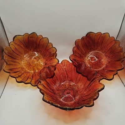 Lot Of Three- Vintage Indiana Glass Amber Lily Pons Sunflower Pattern 7'' Bowl 