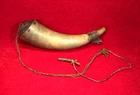 RARE CIVIL WAR ERA POWDER HORN / DARK WOOD BUTT / HAND FORGED NAILS