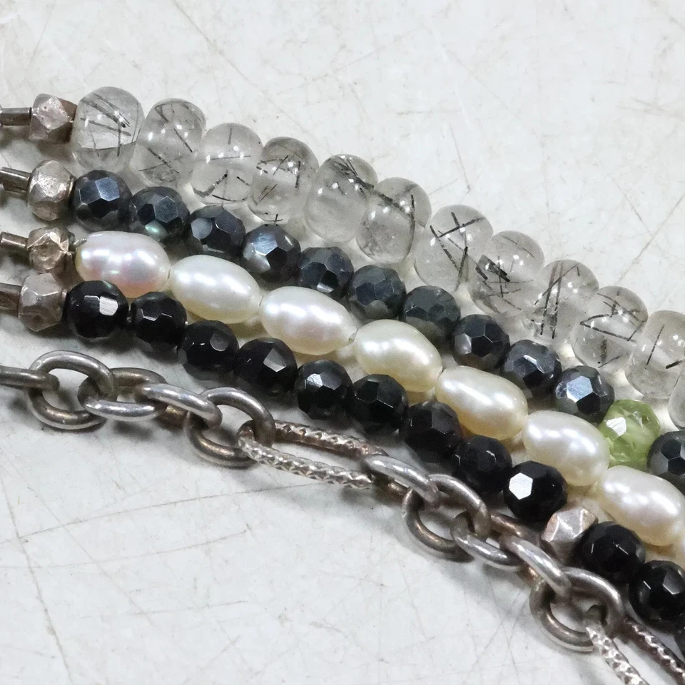 Sterling Silver 5-Stand Necklace Art Glass w/ Turquoise, Genuine Cultured Pearl - Image 2 of 4