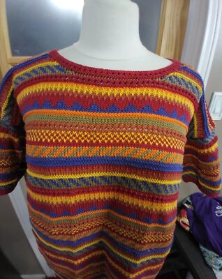 Sweater Basket Weave Colorful Striped Handmade Short Sleeve