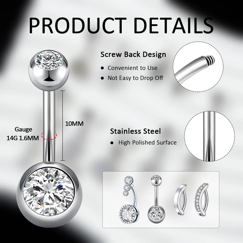 Kit de joyería piercing ombligo anillo colgante de acero inoxidable 9 piezas circonita cúbica 14G Foto 3 de 4