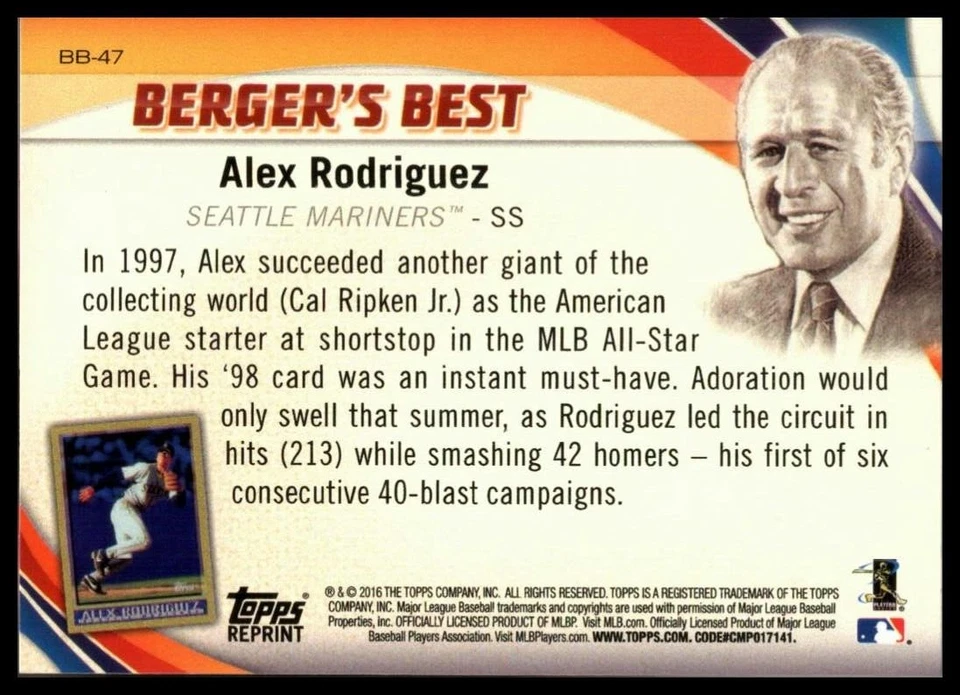 2016 TOPPS BERGER'S BEST #BB47 ALEX RODRIGUEZ SEATTLE MARINERS - Image 2 of 2