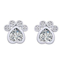 14K White Gold Plated Simulated Diamond Pet Love Dog Paw Print Stud Earrings